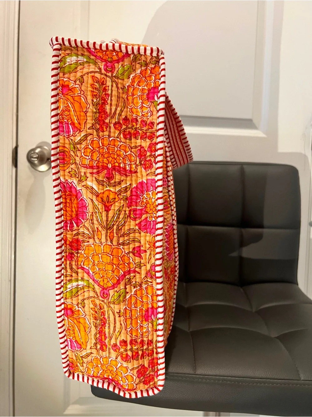 Quilted Floral Tote Bag in Orange & Pink